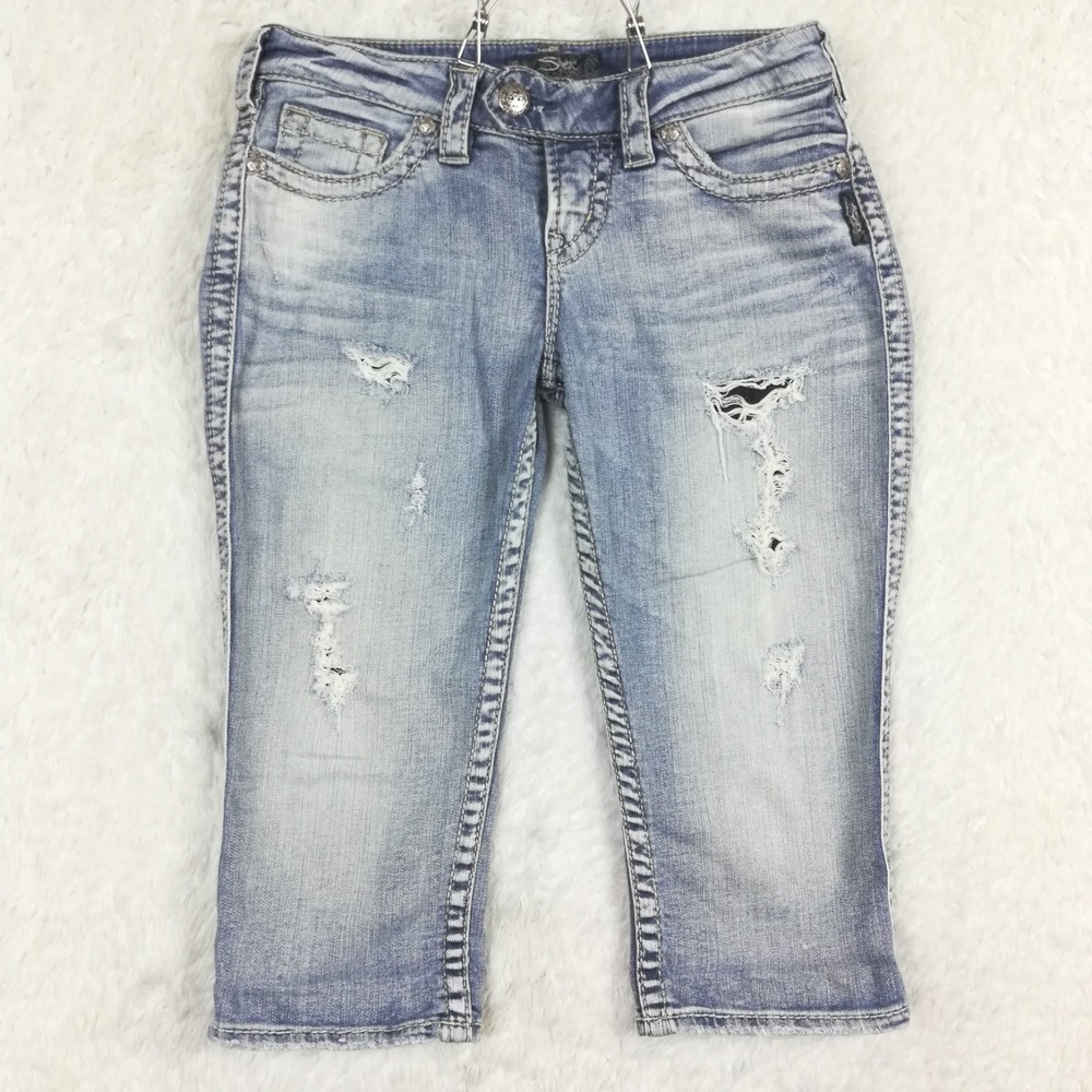 Silver Jeans Womens Tuesday Capri Blue Denim Light Wash Distressed Patch Low 28